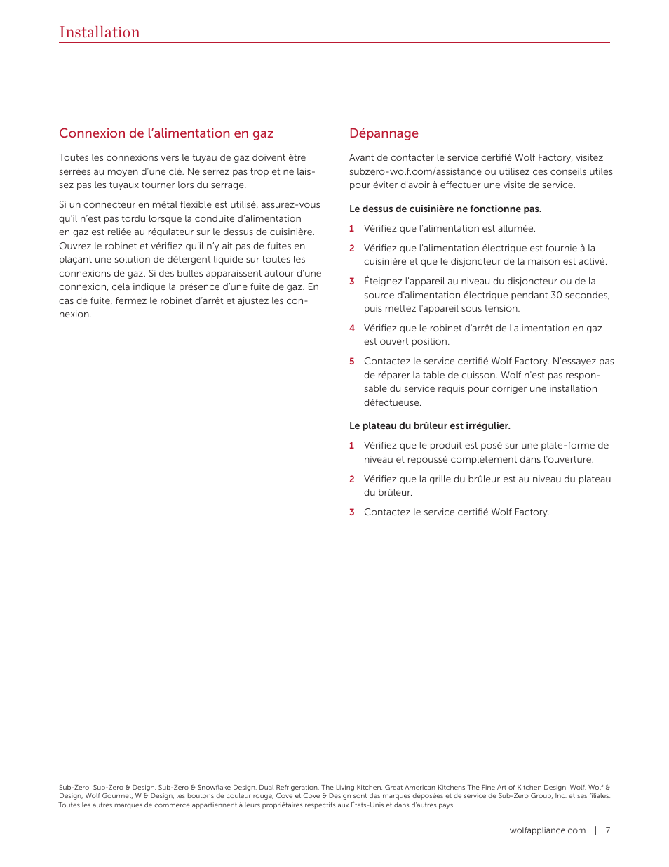 Installation, Connexion de l’alimentation en gaz, Dépannage | Wolf 36 Inch Pro-Style Gas Rangetop Installation Guide User Manual | Page 19 / 26