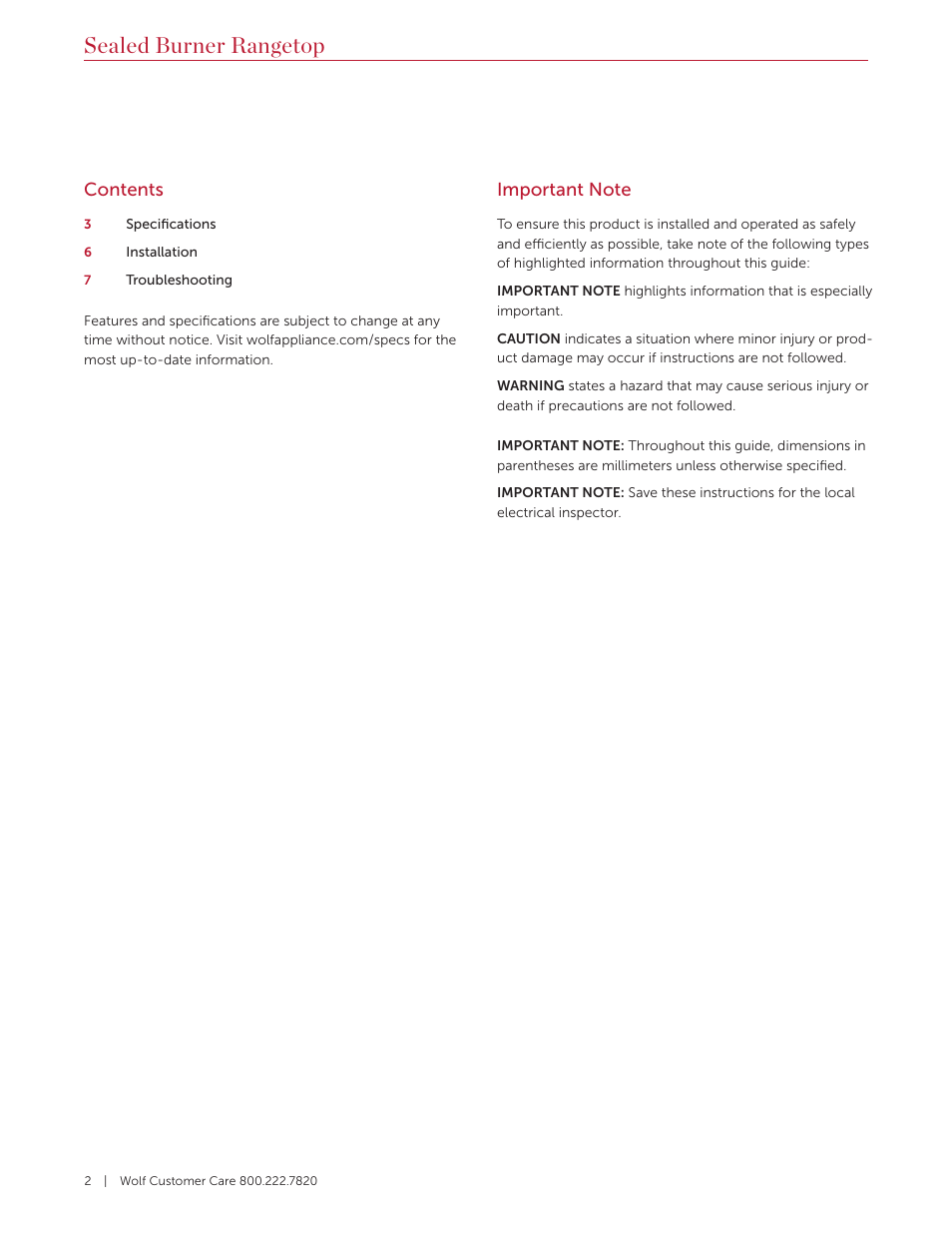 Wolf 36 Inch Pro-Style Gas Rangetop Installation Guide User Manual | Page 2 / 26