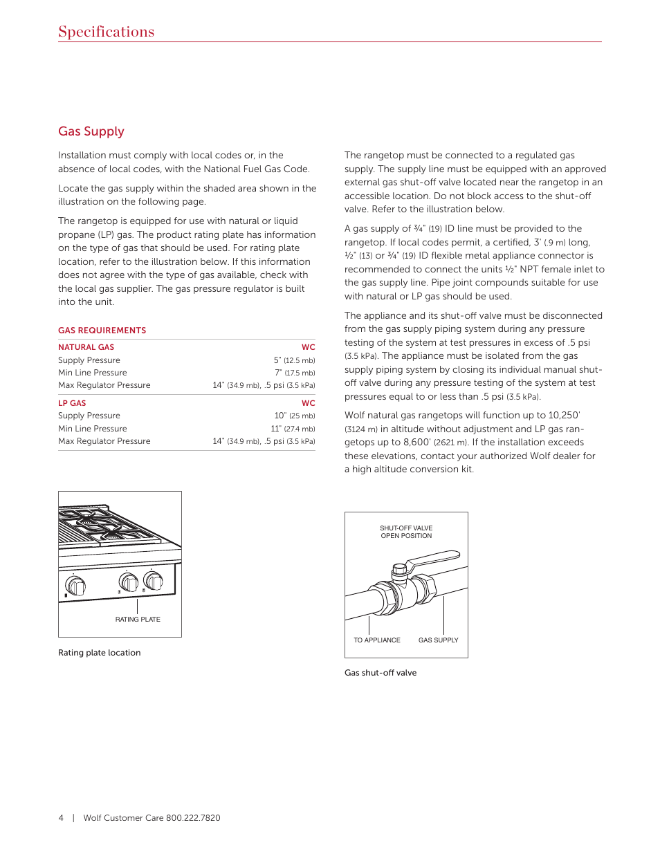 Specifications, Gas supply | Wolf 36 Inch Pro-Style Gas Rangetop Installation Guide User Manual | Page 4 / 26