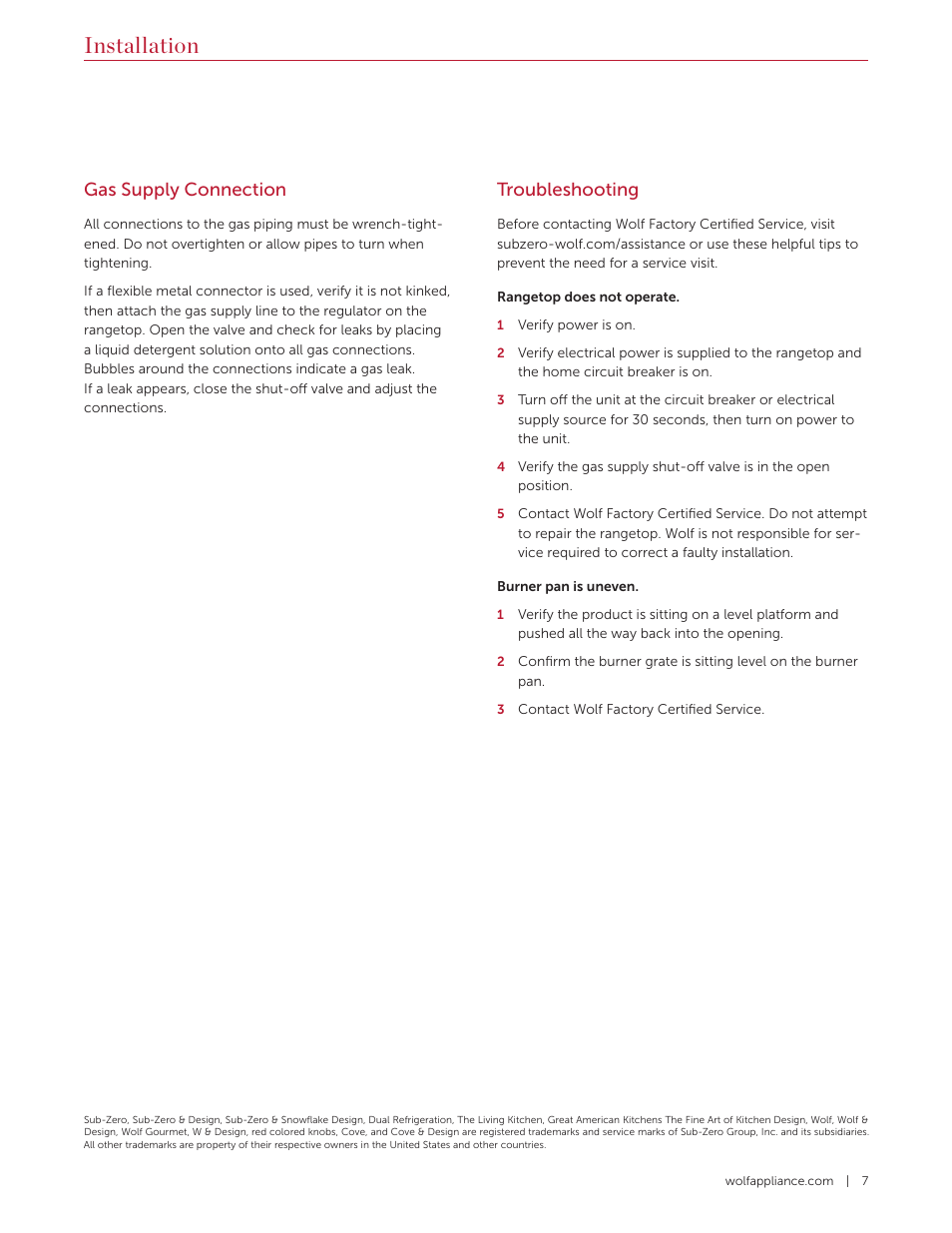 Installation, Troubleshooting, Gas supply connection | Wolf 36 Inch Pro-Style Gas Rangetop Installation Guide User Manual | Page 7 / 26