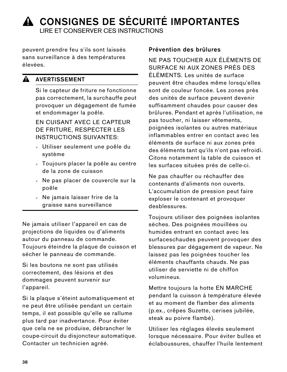 9 avertissement, Prévention des brûlures, 9consignes de sécurité importantes | Gaggenau 15 Inch Induction Cooktop Instructions User Manual | Page 38 / 68