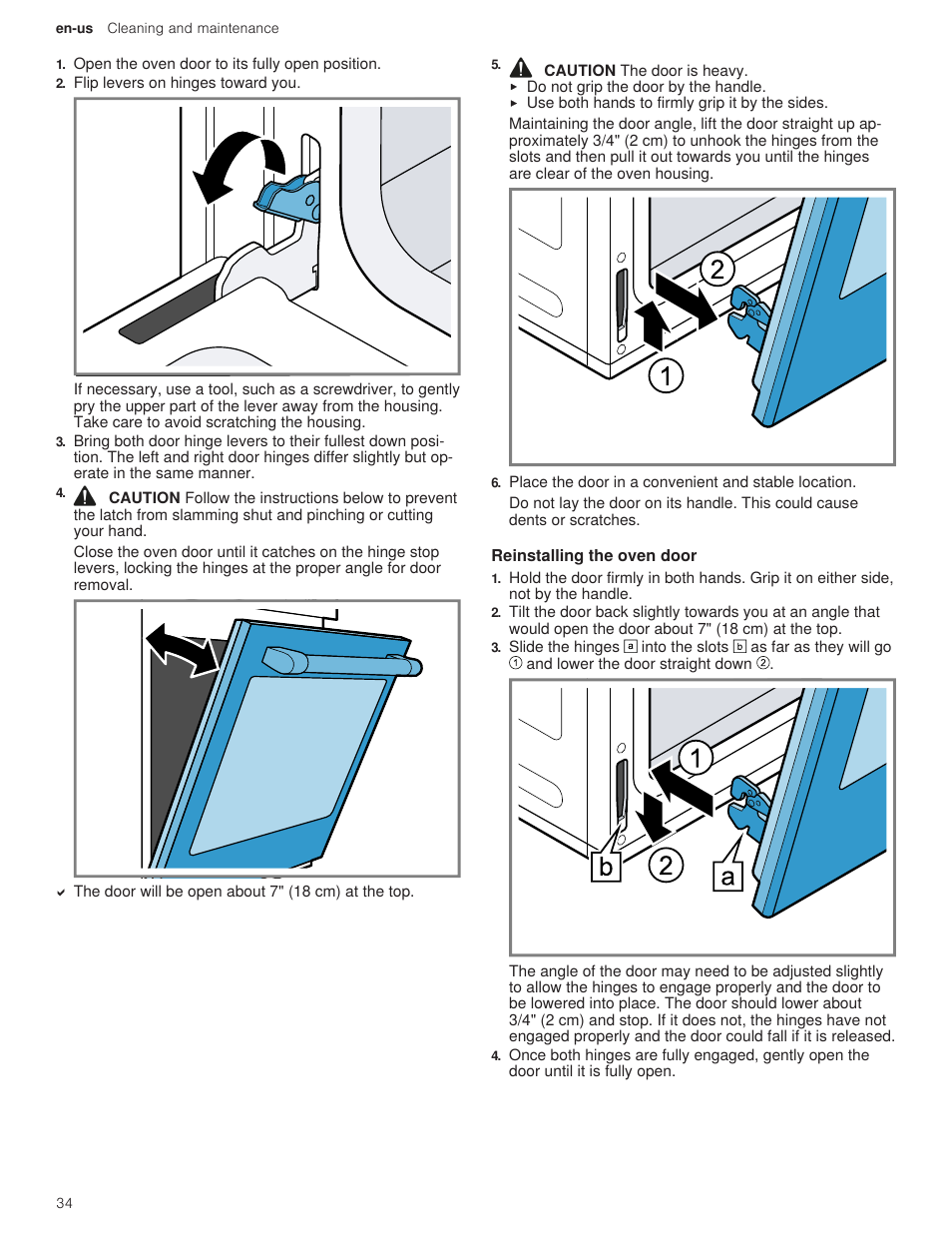 3 reinstalling the oven door | Bosch 500 Series 30 Inch Double Speed Combination Electric Wall Oven Use and Care Manual User Manual | Page 34 / 96