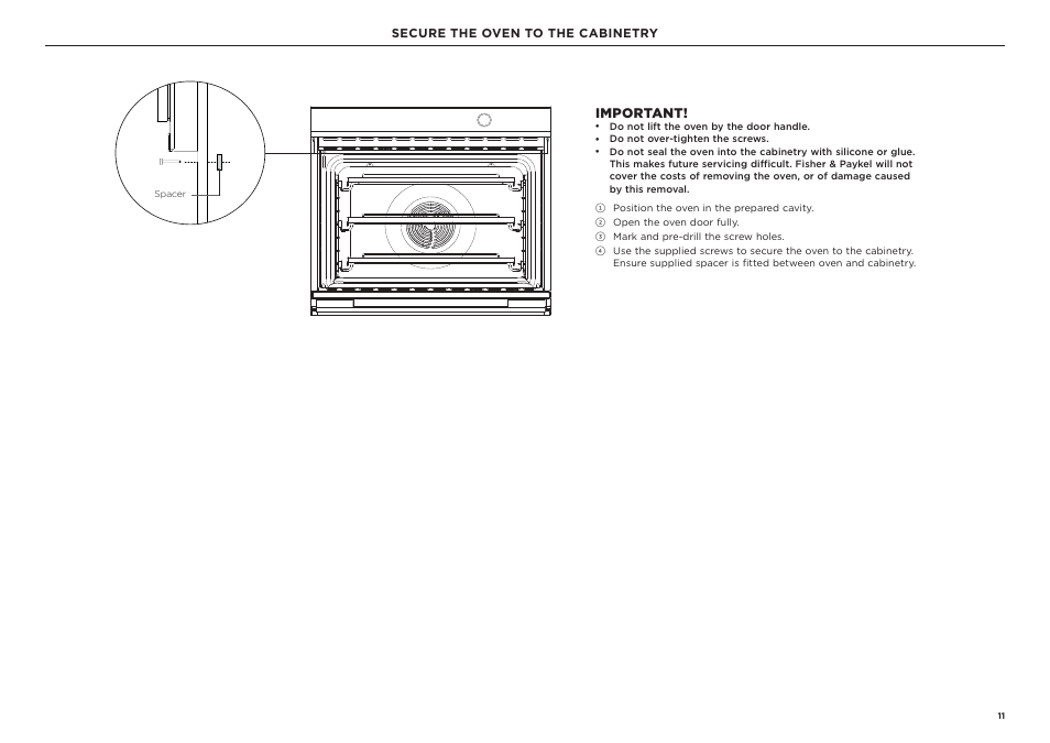 Important, Secure the oven to the cabinetry | Fisher & Paykel Series 9 Professional Series 30 Inch Double Convection Smart Electric Wall Oven Installation Guide User Manual | Page 11 / 28