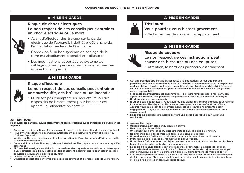 Très lourd vous pourriez vous blesser gravement, Mise en garde, Attention, le bord des panneaux est tranchant | Ne tentez pas de soulever cet appareil seul, Attention | Fisher & Paykel Series 9 Professional Series 30 Inch Double Convection Smart Electric Wall Oven Installation Guide User Manual | Page 16 / 28