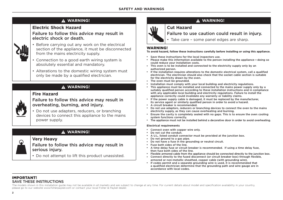 Do not attempt to lift this product unassisted, Take care – some panel edges are sharp, Warning | Important! save these instructions | Fisher & Paykel Series 9 Professional Series 30 Inch Double Convection Smart Electric Wall Oven Installation Guide User Manual | Page 2 / 28