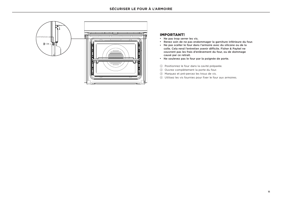 Important, Sécuriser le four à l’armoire | Fisher & Paykel Series 9 Professional Series 30 Inch Double Convection Smart Electric Wall Oven Installation Guide User Manual | Page 25 / 28