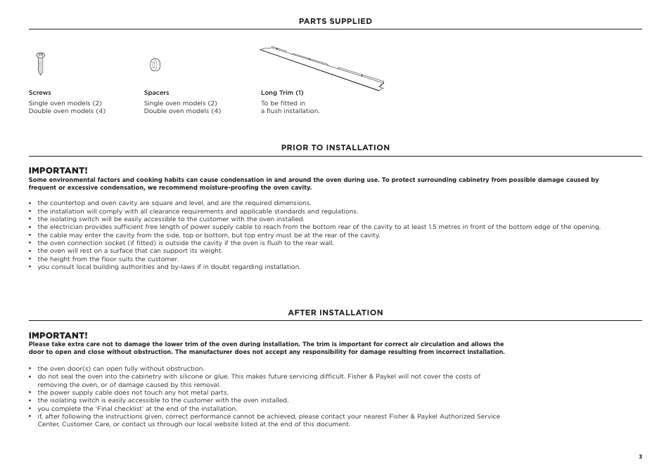 Important | Fisher & Paykel Series 9 Professional Series 30 Inch Double Convection Smart Electric Wall Oven Installation Guide User Manual | Page 3 / 28