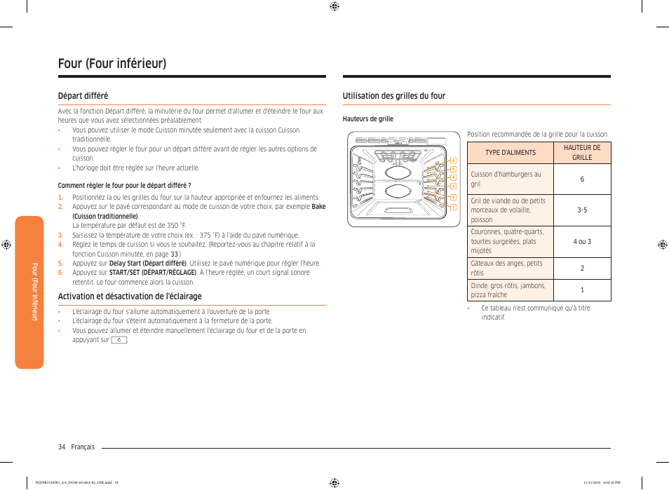 Départ différé, Activation et désactivation de l'éclairage, Utilisation des grilles du four | Four (four inférieur) | Samsung 30 Inch Microwave Combination Smart Wall Oven Owner Manual User Manual | Page 154 / 180