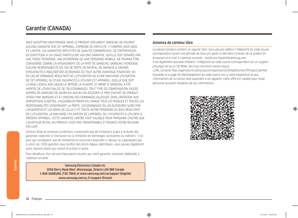 Annonce de contenu libre, Garantie (canada) | Samsung 30 Inch Microwave Combination Smart Wall Oven Owner Manual User Manual | Page 178 / 180