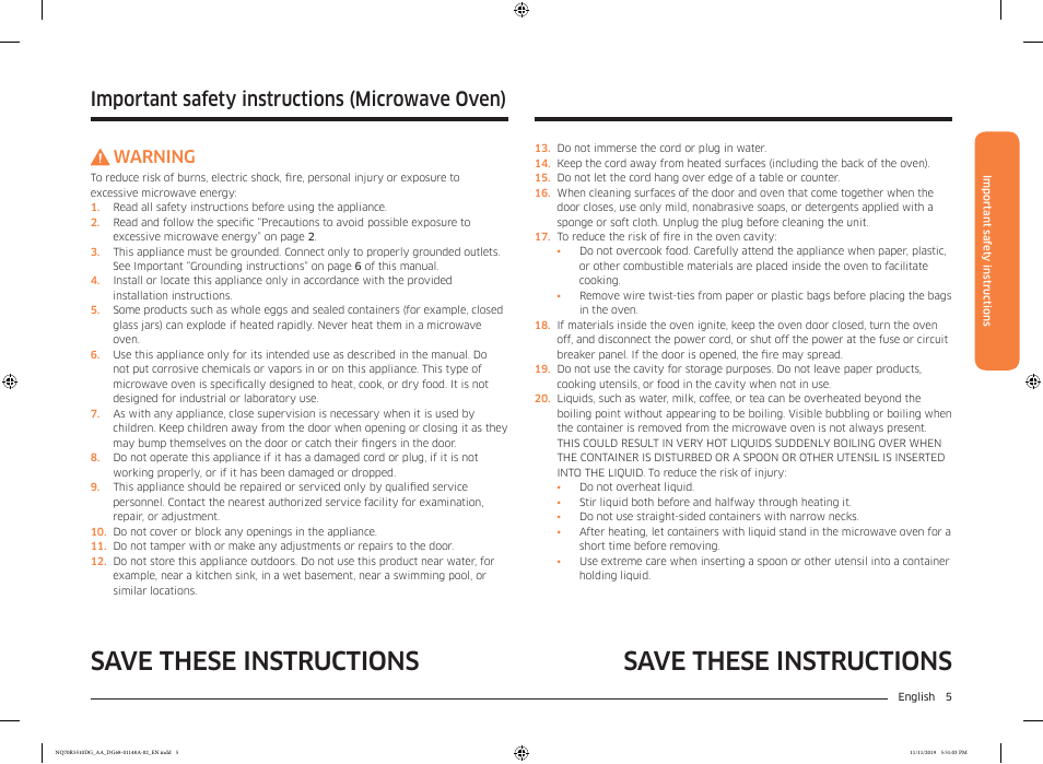 Save these instructions, Important safety instructions (microwave oven), Warning | Samsung 30 Inch Microwave Combination Smart Wall Oven Owner Manual User Manual | Page 5 / 180
