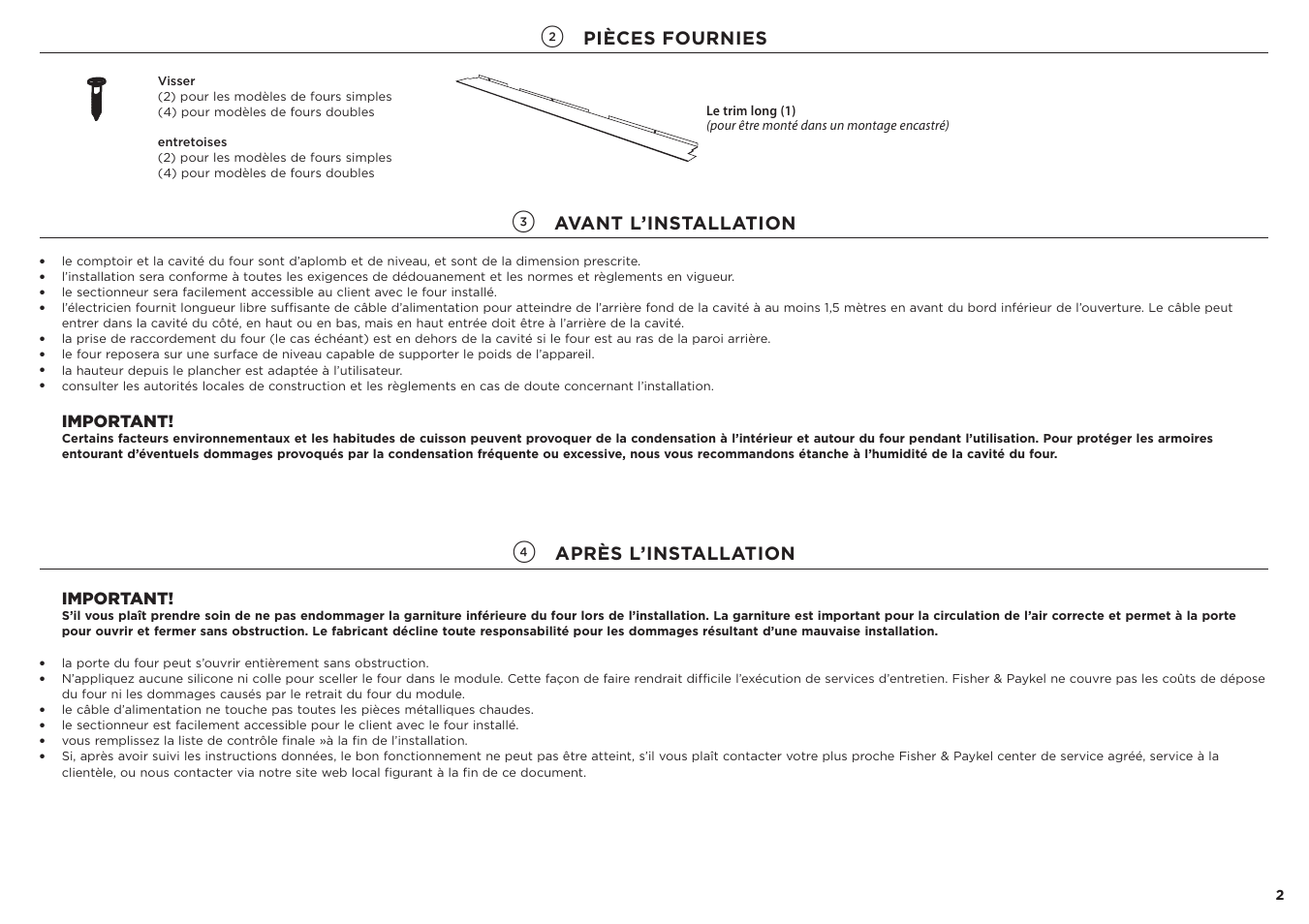 Pièces fournies, Avant l’installation, Après l’installation | Important | Fisher & Paykel Series 7 Contemporary Series 30 Inch Single Electric Wall Oven Installation Guide User Manual | Page 16 / 24
