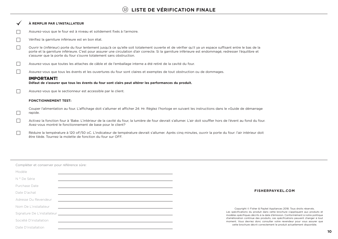 Liste de vérification finale, Important | Fisher & Paykel Series 7 Contemporary Series 30 Inch Single Electric Wall Oven Installation Guide User Manual | Page 24 / 24