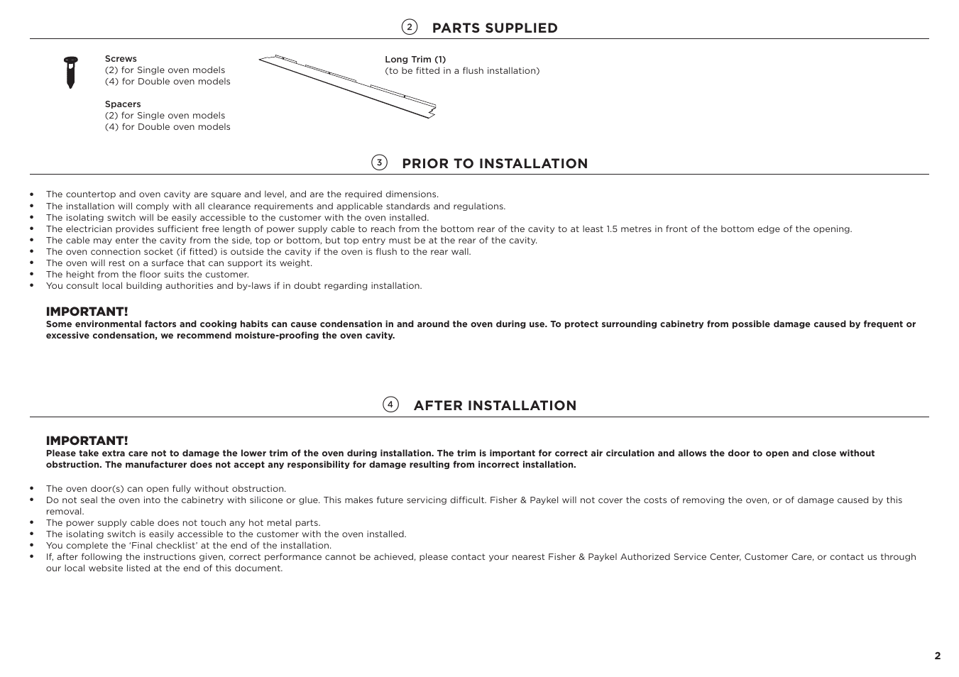 Parts supplied, Prior to installation, After installation | Important | Fisher & Paykel Series 7 Contemporary Series 30 Inch Single Electric Wall Oven Installation Guide User Manual | Page 3 / 24