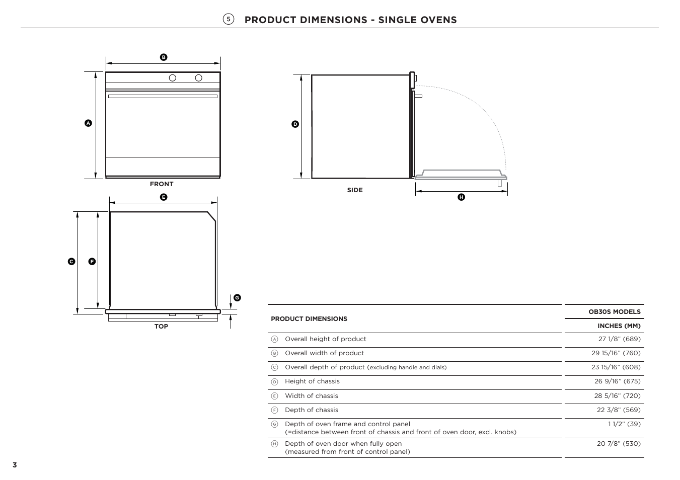 Product dimensions - single ovens | Fisher & Paykel Series 7 Contemporary Series 30 Inch Single Electric Wall Oven Installation Guide User Manual | Page 4 / 24