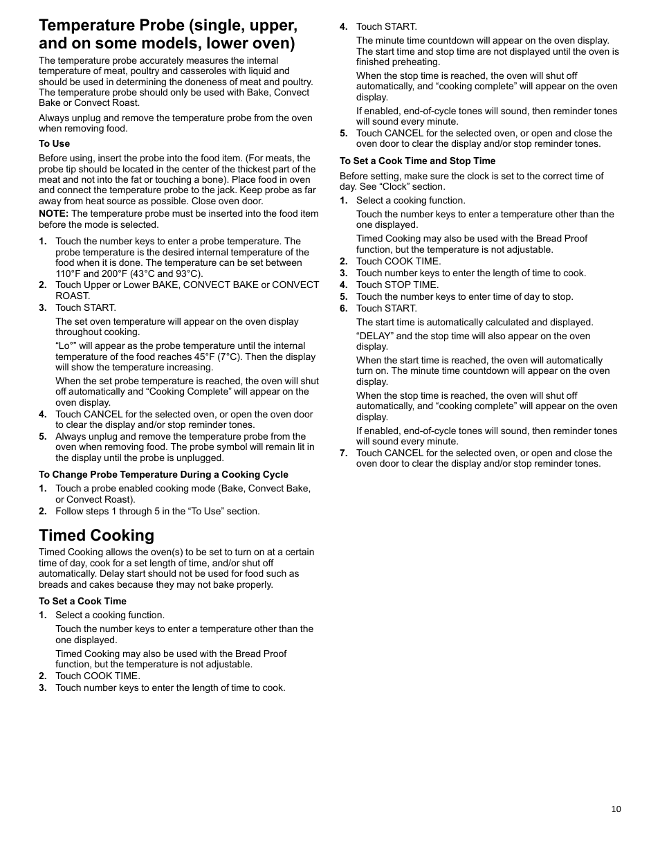 Temperature probe_w10643472, Timed cooking_w10643472, Timed cooking | KITCHENAID 27 Inch Single Convection Electric Wall Oven Control Guide User Manual | Page 10 / 22