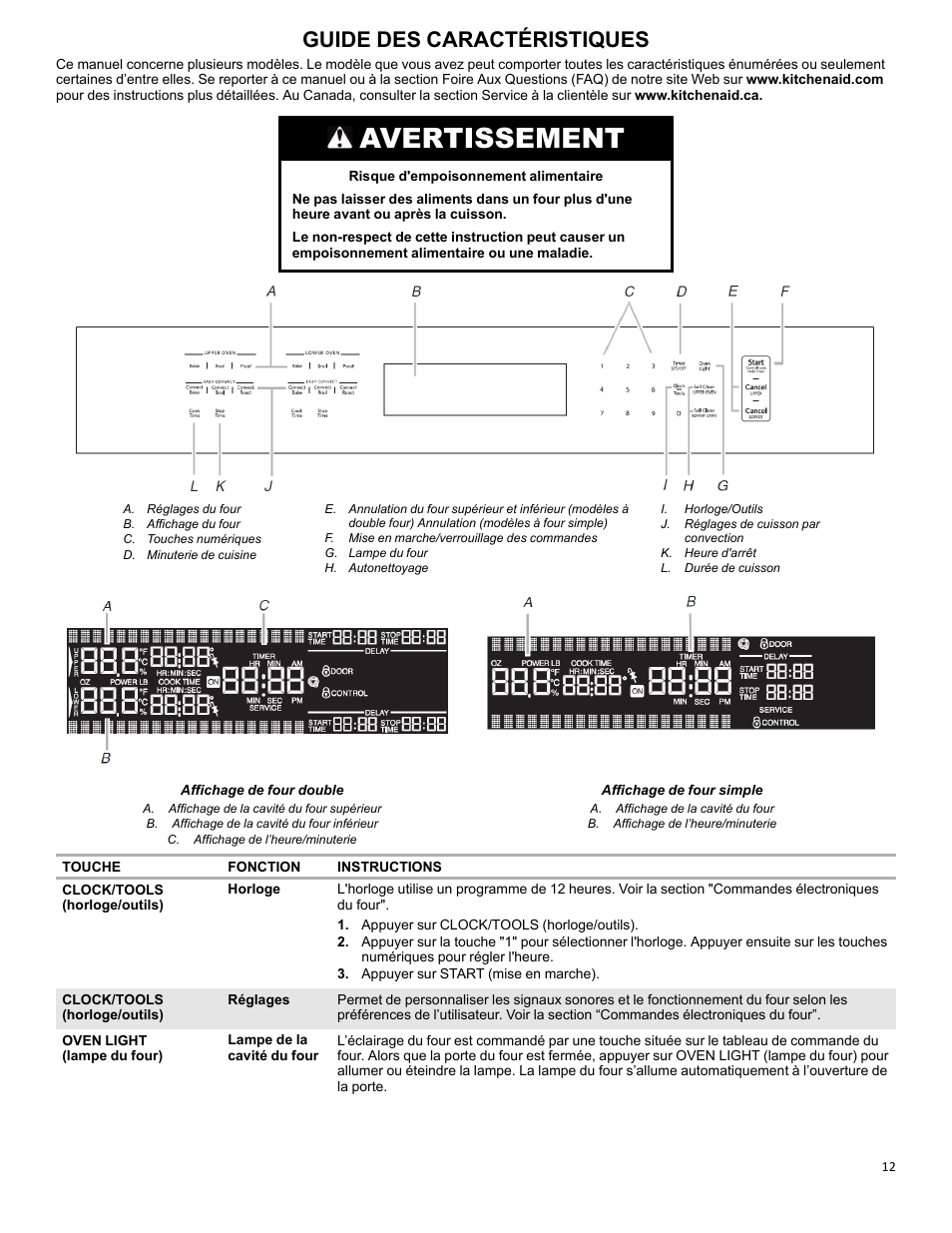 Feature guide_w10643471_fr, Avertissement, Guide des caractéristiques | KITCHENAID 27 Inch Single Convection Electric Wall Oven Control Guide User Manual | Page 12 / 22