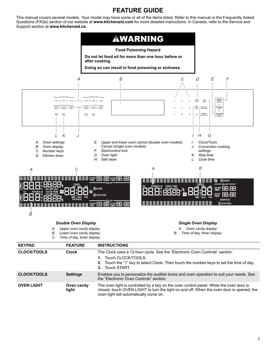 Feature guide_w10643471, Warning, Feature guide | KITCHENAID 27 Inch Single Convection Electric Wall Oven Control Guide User Manual | Page 2 / 22