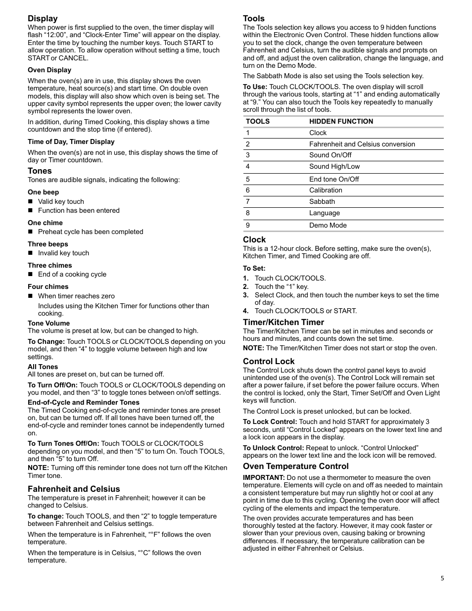 Display, Tones, Fahrenheit and celsius | Tools, Clock, Timer/kitchen timer, Control lock, Oven temperature control | KITCHENAID 27 Inch Single Convection Electric Wall Oven Control Guide User Manual | Page 5 / 22