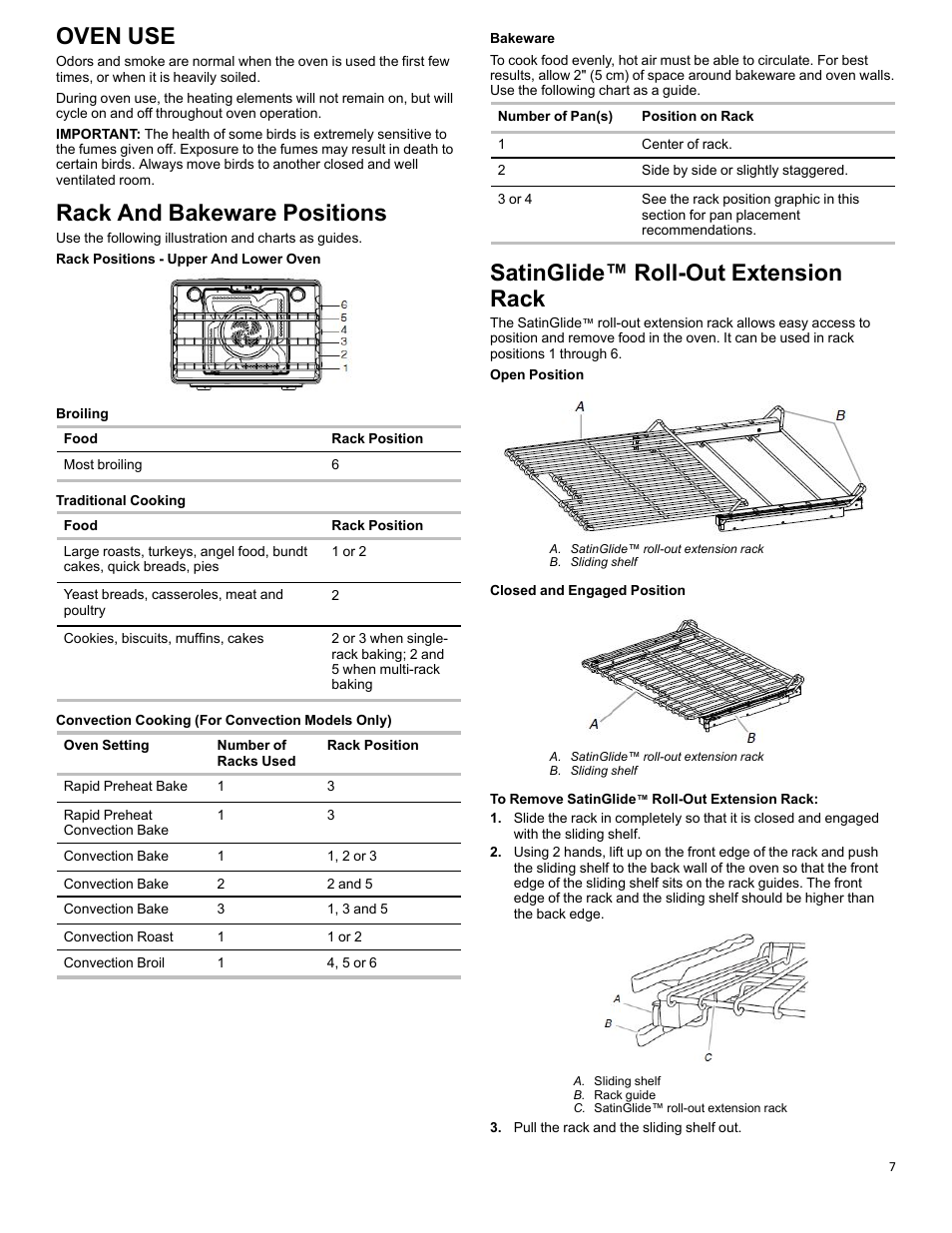 Oven use_cg_wobimw, Racks and bakeware_w10643471, Satinglide roll-out rack_w10643472 | Oven use, Rack and bakeware positions, Satinglide™ roll-out extension rack | KITCHENAID 27 Inch Single Convection Electric Wall Oven Control Guide User Manual | Page 7 / 22
