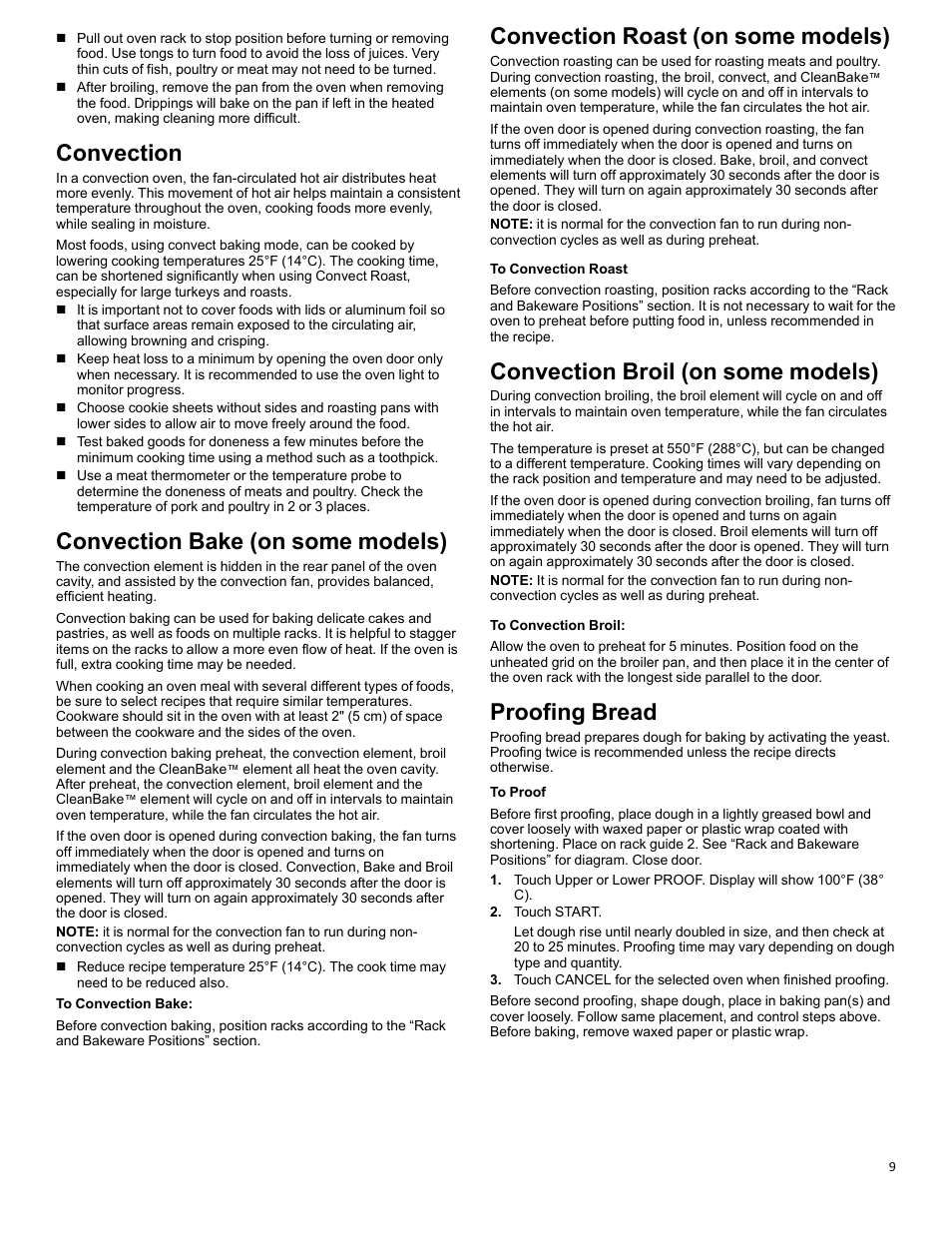 Convection_w10643472, Convection bake_w10643472, Convection roast_w10643472 | Convection broil_w10643472, Proofing bread_w10643472, Convection, Convection bake (on some models), Convection roast (on some models), Convection broil (on some models), Proofing bread | KITCHENAID 27 Inch Single Convection Electric Wall Oven Control Guide User Manual | Page 9 / 22