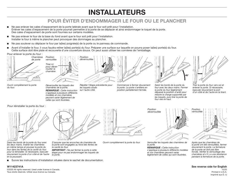 Installateurs, Pour éviter d’endommager le four ou le plancher | KITCHENAID 27 Inch Single Convection Electric Wall Oven Installation Instructions User Manual | Page 2 / 2