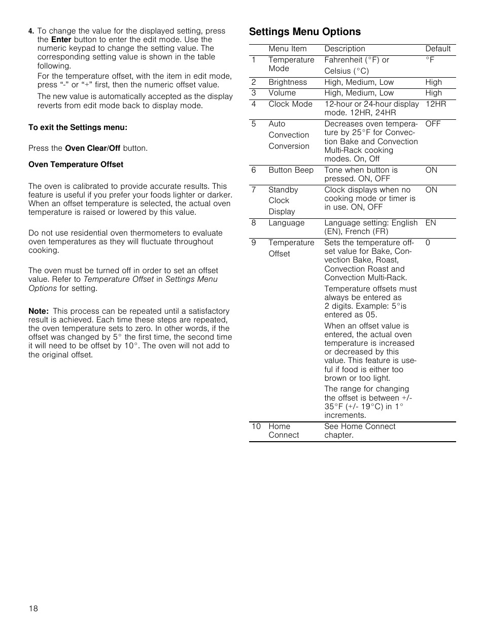 Oven temperature offset, Note, Settings menu options | Bosch 800 Series 30 Inch Double Speed Combination Smart Electric Wall Oven Owners Manual User Manual | Page 18 / 76