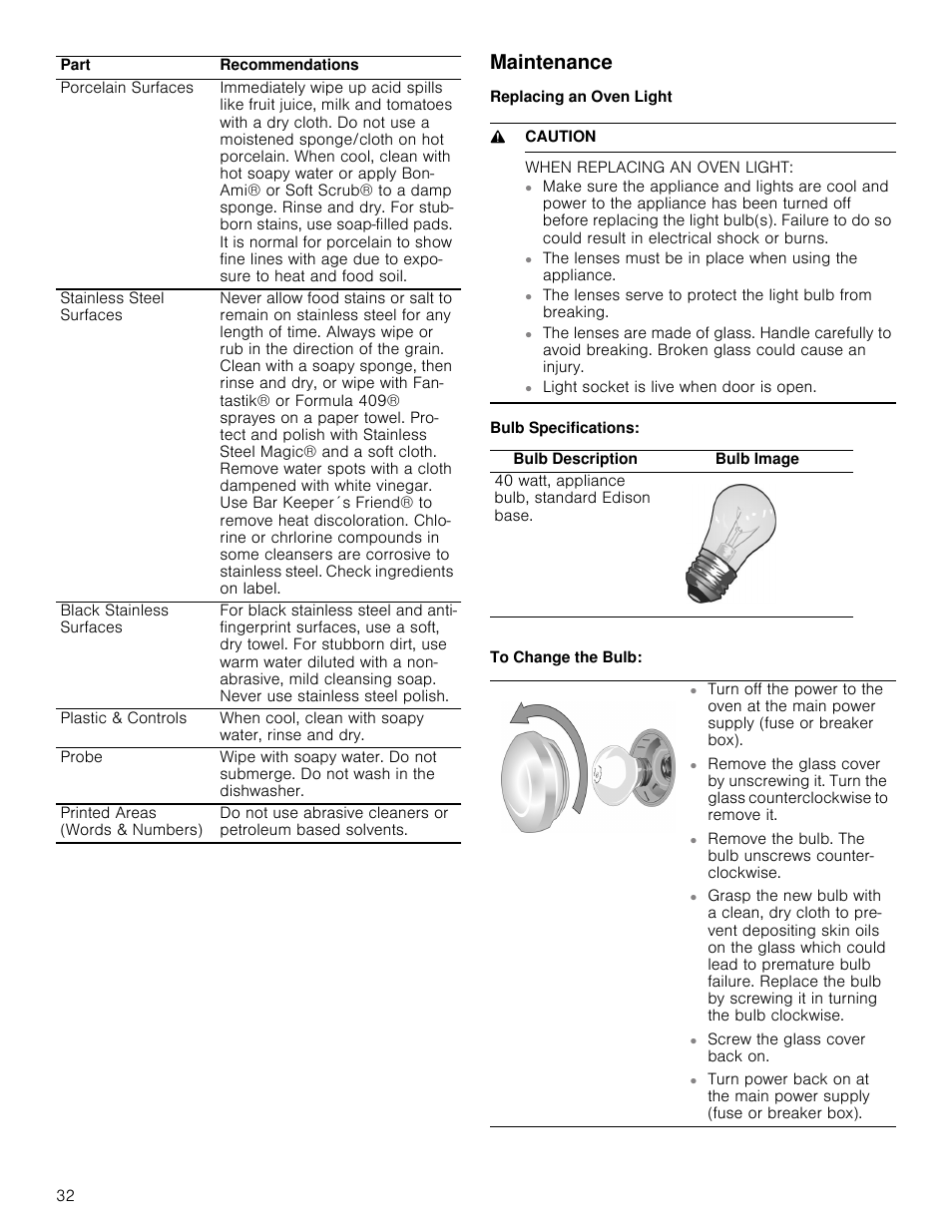 Maintenance, Replacing an oven light, 9 caution | When replacing an oven light, Bulb description, Bulb image | Bosch 800 Series 30 Inch Double Speed Combination Smart Electric Wall Oven Owners Manual User Manual | Page 32 / 76