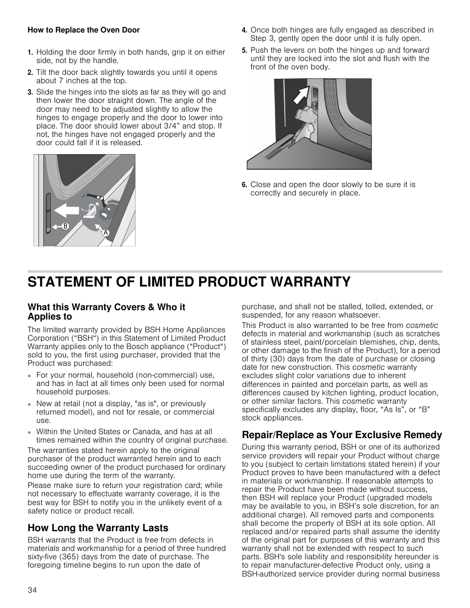 How to replace the oven door, Statement of limited product warranty, What this warranty covers & who it applies to | How long the warranty lasts, Repair/replace as your exclusive remedy | Bosch 800 Series 30 Inch Double Speed Combination Smart Electric Wall Oven Owners Manual User Manual | Page 34 / 76