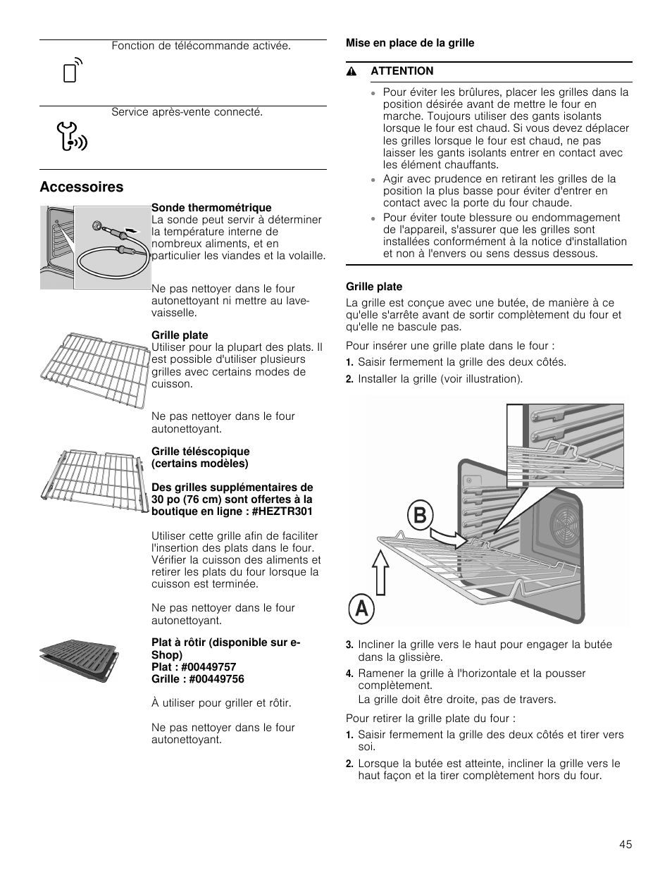 Accessoires, Mise en place de la grille, 9 attention | Grille plate, Saisir fermement la grille des deux côtés, Installer la grille (voir illustration) | Bosch 800 Series 30 Inch Double Speed Combination Smart Electric Wall Oven Owners Manual User Manual | Page 45 / 76