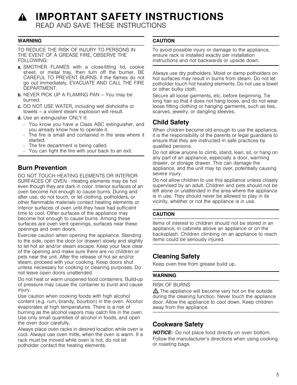 Warning, B. never pick up a flaming pan – you may be burned, D. use an extinguisher only if | Burn prevention, Caution, Child safety, Cleaning safety, Risk of burns, Cookware safety, Notice | Bosch 800 Series 30 Inch Double Speed Combination Smart Electric Wall Oven Owners Manual User Manual | Page 5 / 76