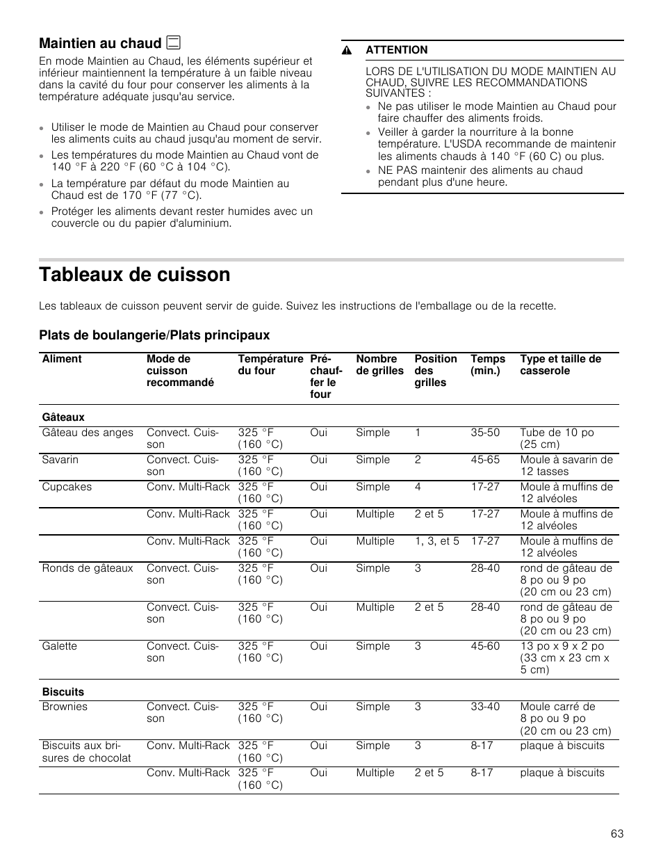 Maintien au chaud, 9 attention, Tableaux de cuisson | Plats de boulangerie/plats principaux | Bosch 800 Series 30 Inch Double Speed Combination Smart Electric Wall Oven Owners Manual User Manual | Page 63 / 76