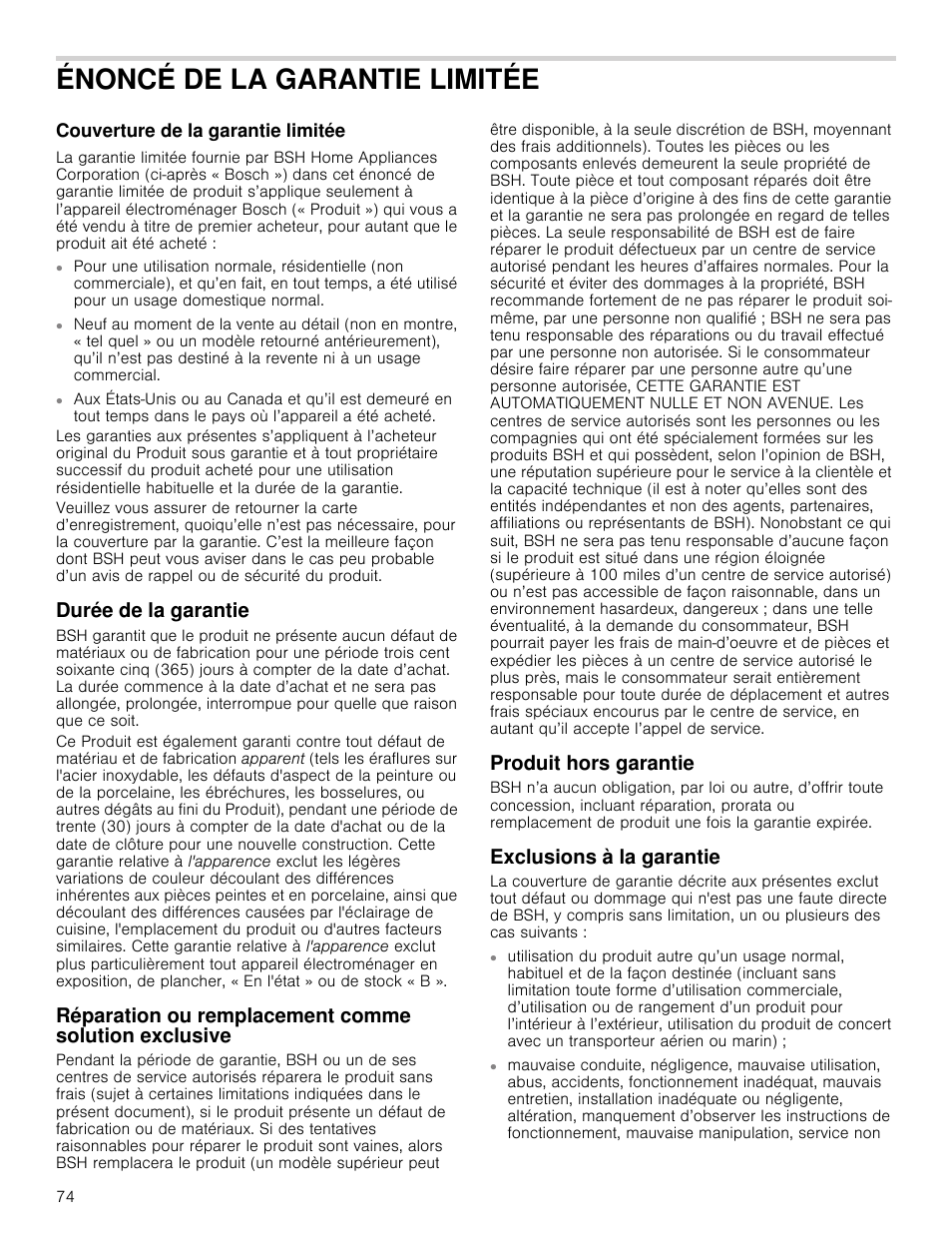 Énoncé de la garantie limitée, Couverture de la garantie limitée, Durée de la garantie | Produit hors garantie, Exclusions à la garantie | Bosch 800 Series 30 Inch Double Speed Combination Smart Electric Wall Oven Owners Manual User Manual | Page 74 / 76