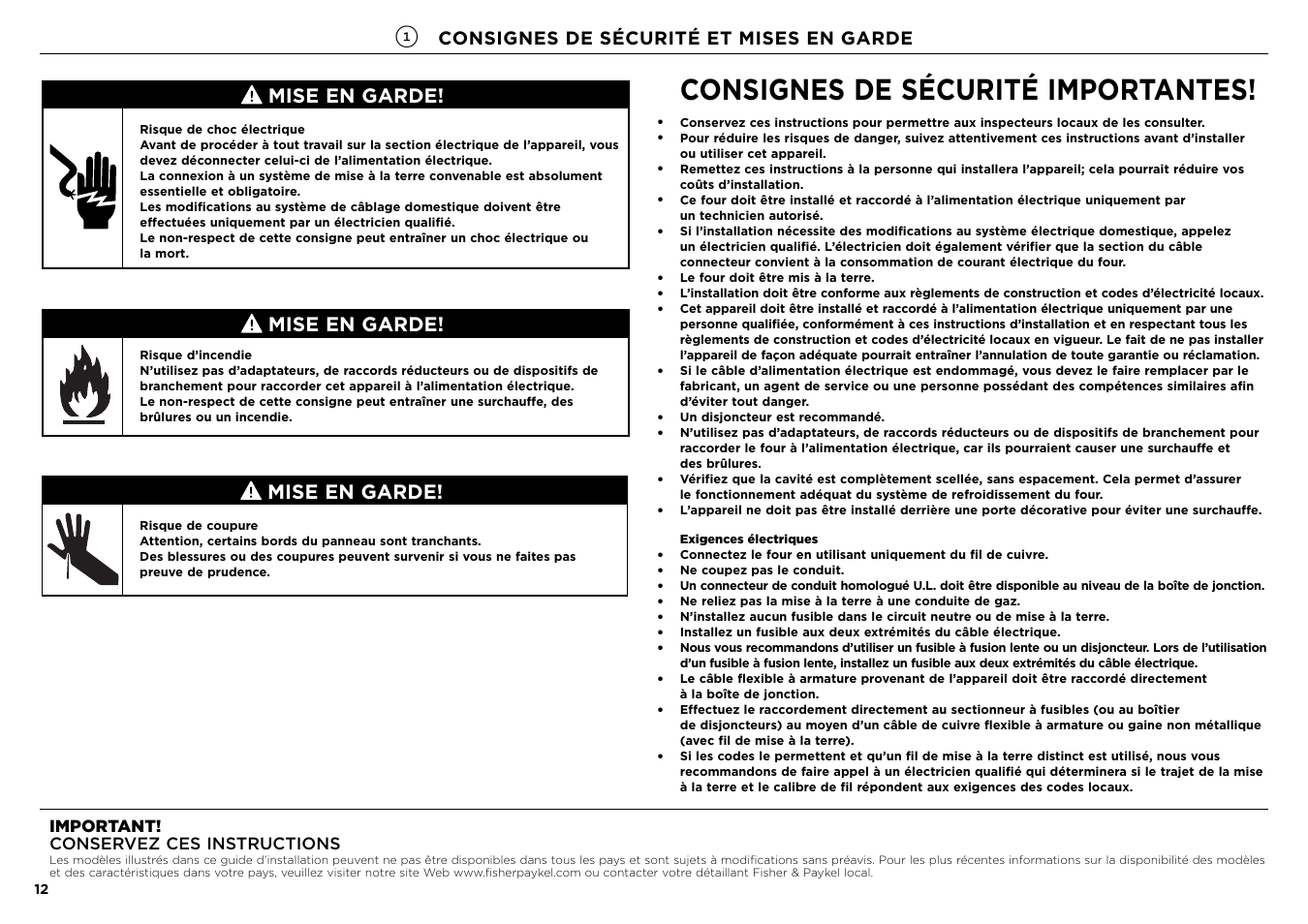 Consignes de sécurité importantes, Mise en garde, Consignes de sécurité et mises en garde | Important! conservez ces instructions | Fisher & Paykel Series 7 Contemporary Series 24 Inch Electric Single Wall Oven Installation Guide User Manual | Page 13 / 20