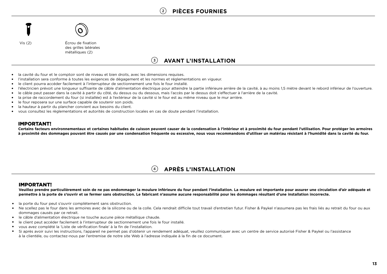 Pièces fournies, Avant l’installation, Après l’installation | Important | Fisher & Paykel Series 7 Contemporary Series 24 Inch Electric Single Wall Oven Installation Guide User Manual | Page 14 / 20