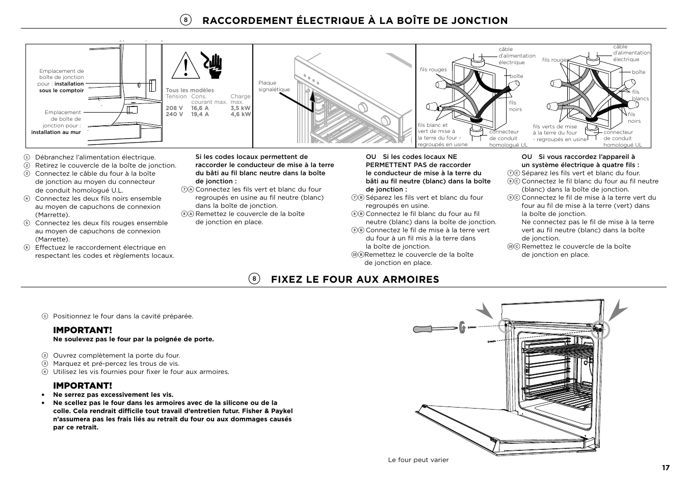 Fixez le four aux armoires, Raccordement électrique à la boîte de jonction, Important | Fisher & Paykel Series 7 Contemporary Series 24 Inch Electric Single Wall Oven Installation Guide User Manual | Page 18 / 20