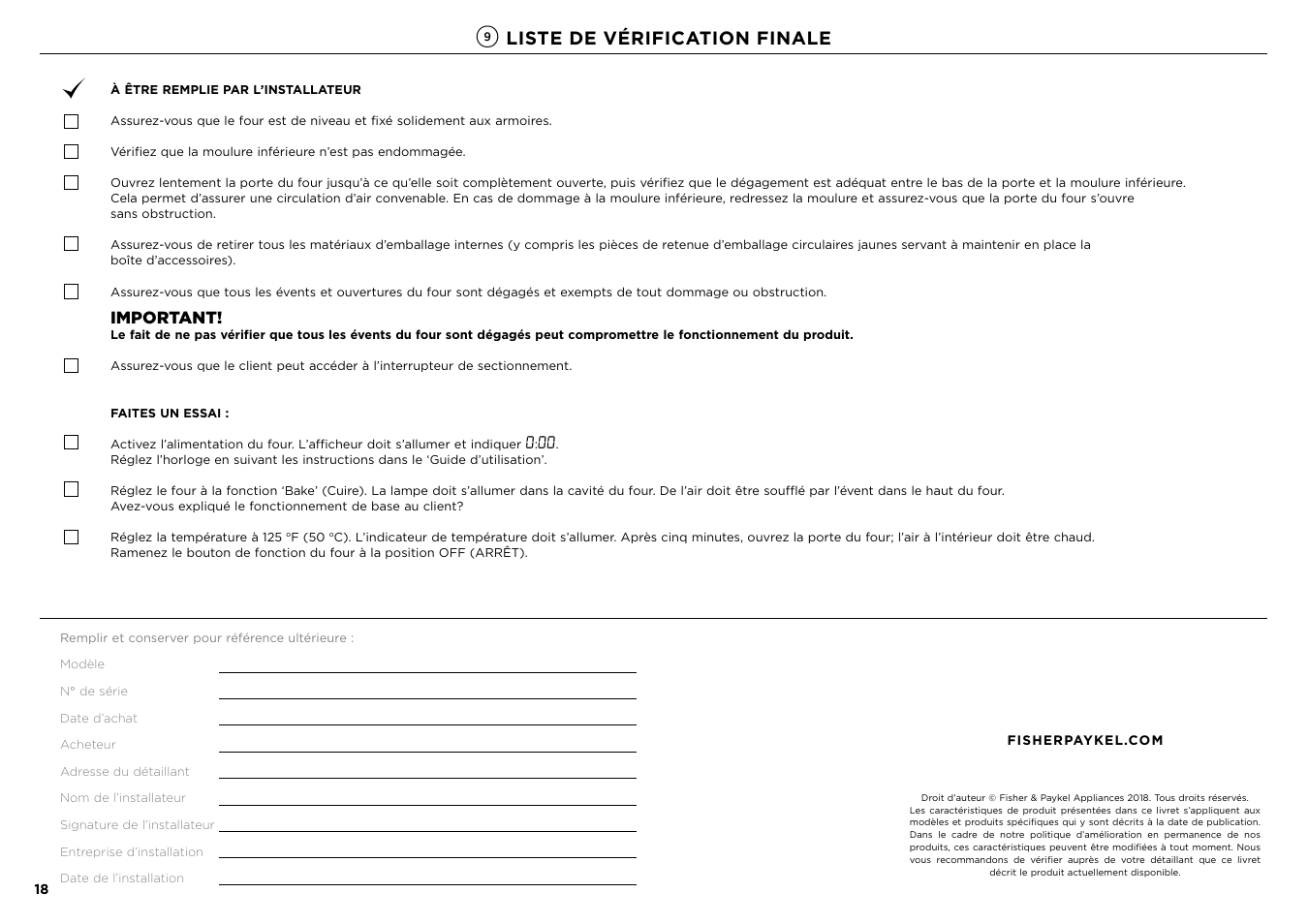 Liste de vérification finale, Important | Fisher & Paykel Series 7 Contemporary Series 24 Inch Electric Single Wall Oven Installation Guide User Manual | Page 19 / 20