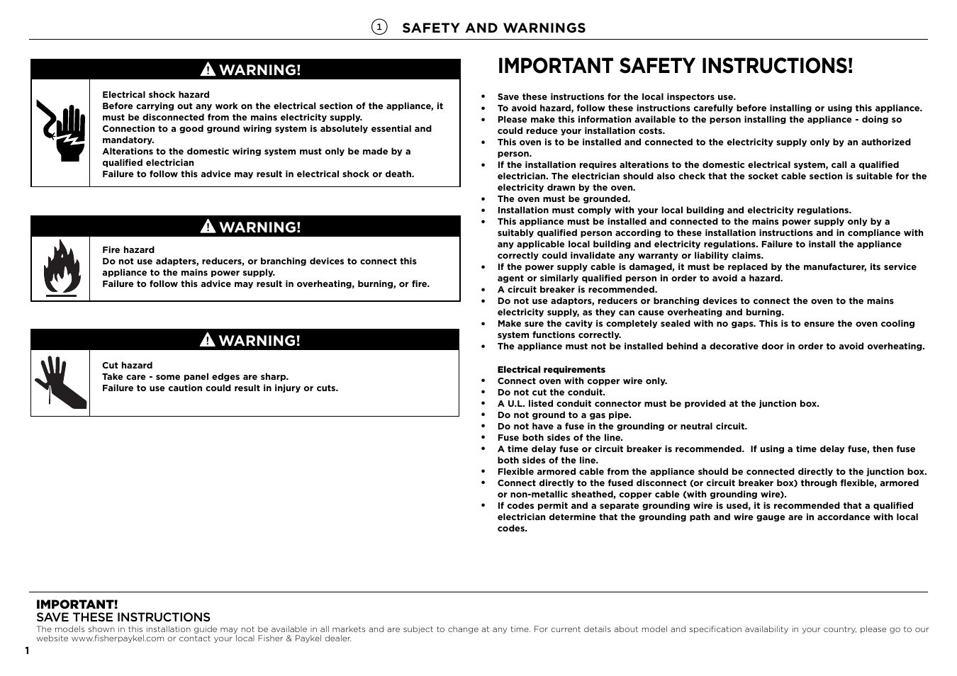 Important safety instructions, Warning, Safety and warnings | Important! save these instructions | Fisher & Paykel Series 7 Contemporary Series 24 Inch Electric Single Wall Oven Installation Guide User Manual | Page 2 / 20