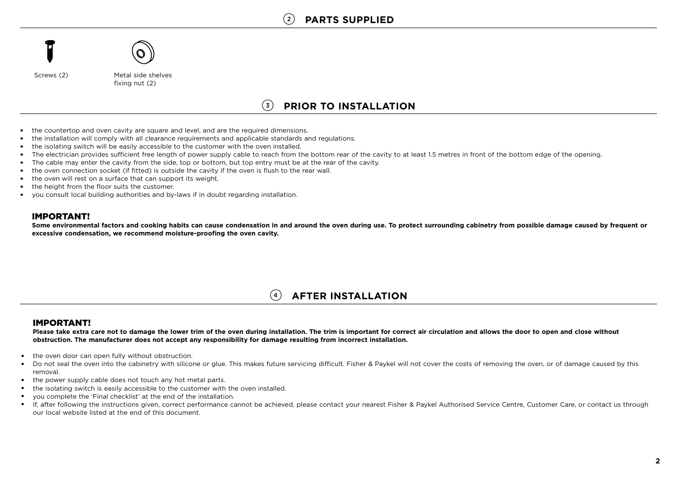 Parts supplied, Prior to installation, After installation | Important | Fisher & Paykel Series 7 Contemporary Series 24 Inch Electric Single Wall Oven Installation Guide User Manual | Page 3 / 20