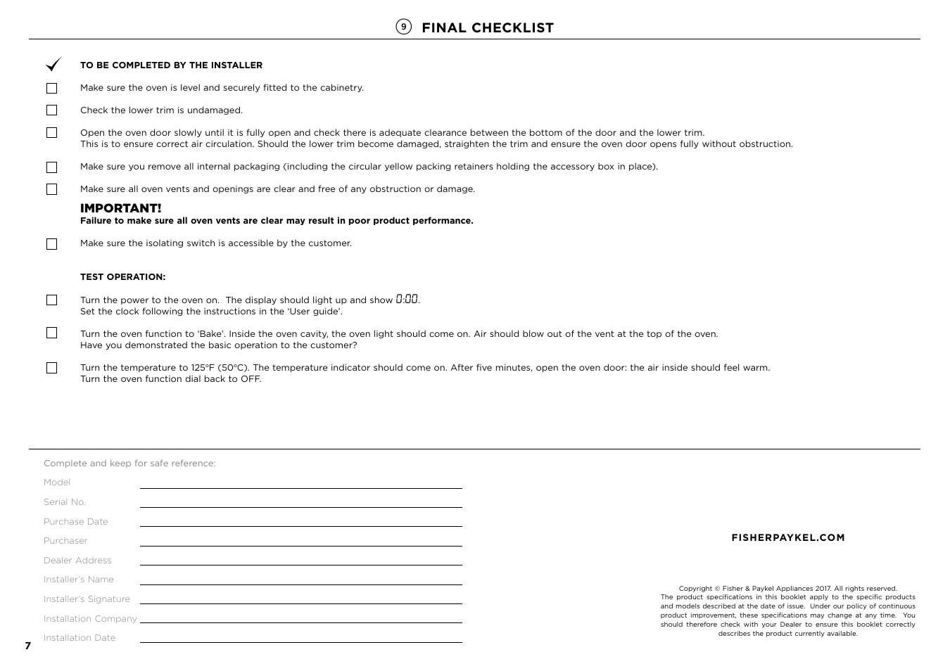 Final checklist, Important | Fisher & Paykel Series 7 Contemporary Series 24 Inch Electric Single Wall Oven Installation Guide User Manual | Page 8 / 20