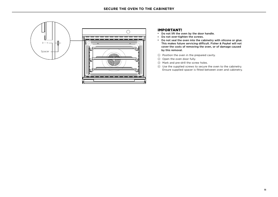 Important, Secure the oven to the cabinetry | Fisher & Paykel Series 9 Contemporary Series 30 Inch Single Convection Smart Electric Wall Oven Installation Guide User Manual | Page 11 / 28