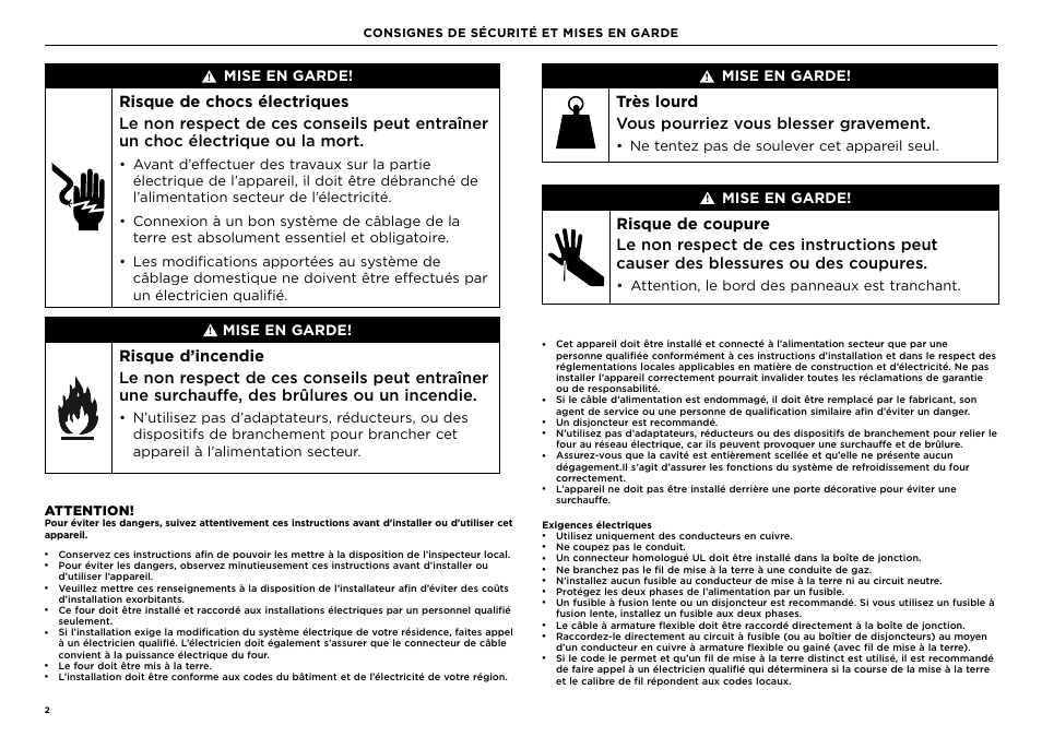 Très lourd vous pourriez vous blesser gravement, Mise en garde, Attention, le bord des panneaux est tranchant | Ne tentez pas de soulever cet appareil seul, Attention | Fisher & Paykel Series 9 Contemporary Series 30 Inch Single Convection Smart Electric Wall Oven Installation Guide User Manual | Page 16 / 28