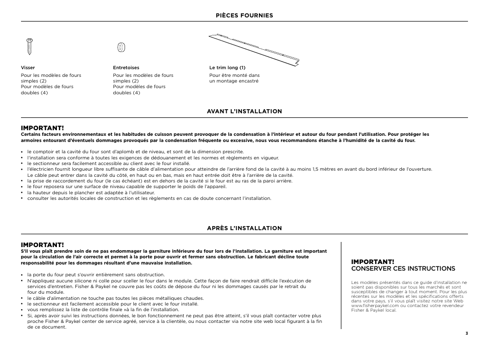 Important, Important! conserver ces instructions | Fisher & Paykel Series 9 Contemporary Series 30 Inch Single Convection Smart Electric Wall Oven Installation Guide User Manual | Page 17 / 28