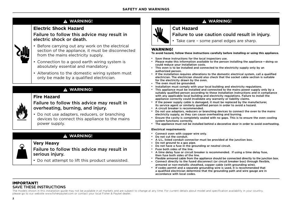 Do not attempt to lift this product unassisted, Take care – some panel edges are sharp, Warning | Important! save these instructions | Fisher & Paykel Series 9 Contemporary Series 30 Inch Single Convection Smart Electric Wall Oven Installation Guide User Manual | Page 2 / 28