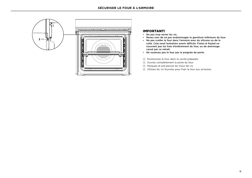 Important, Sécuriser le four à l’armoire | Fisher & Paykel Series 9 Contemporary Series 30 Inch Single Convection Smart Electric Wall Oven Installation Guide User Manual | Page 25 / 28