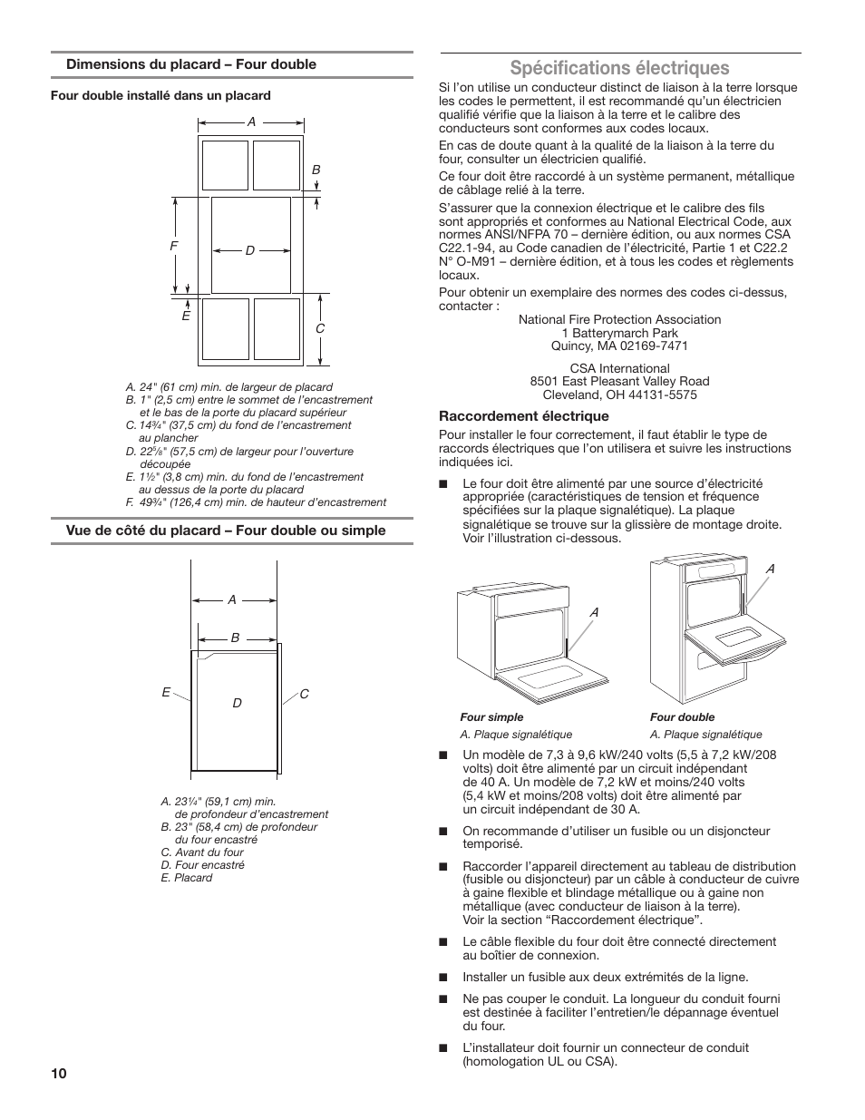 Spécifications électriques | KITCHENAID 24 Inch Single Convection Electric Wall Oven Installation Instructions User Manual | Page 10 / 16