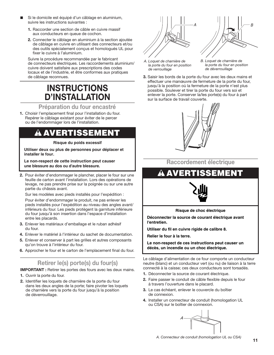 Instructions d’installation, Avertissement, Préparation du four encastré | Raccordement électrique, Retirer le(s) porte(s) du four(s) | KITCHENAID 24 Inch Single Convection Electric Wall Oven Installation Instructions User Manual | Page 11 / 16