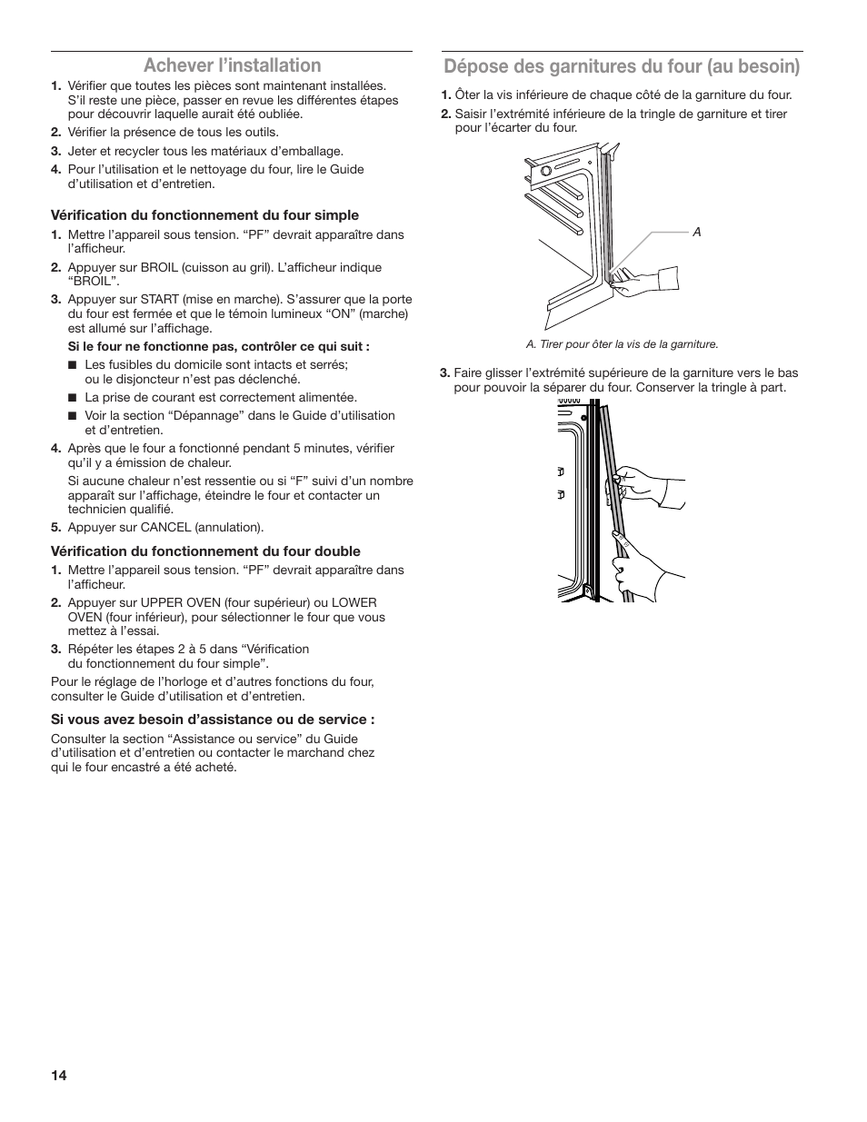 Achever l’installation, Dépose des garnitures du four (au besoin) | KITCHENAID 24 Inch Single Convection Electric Wall Oven Installation Instructions User Manual | Page 14 / 16