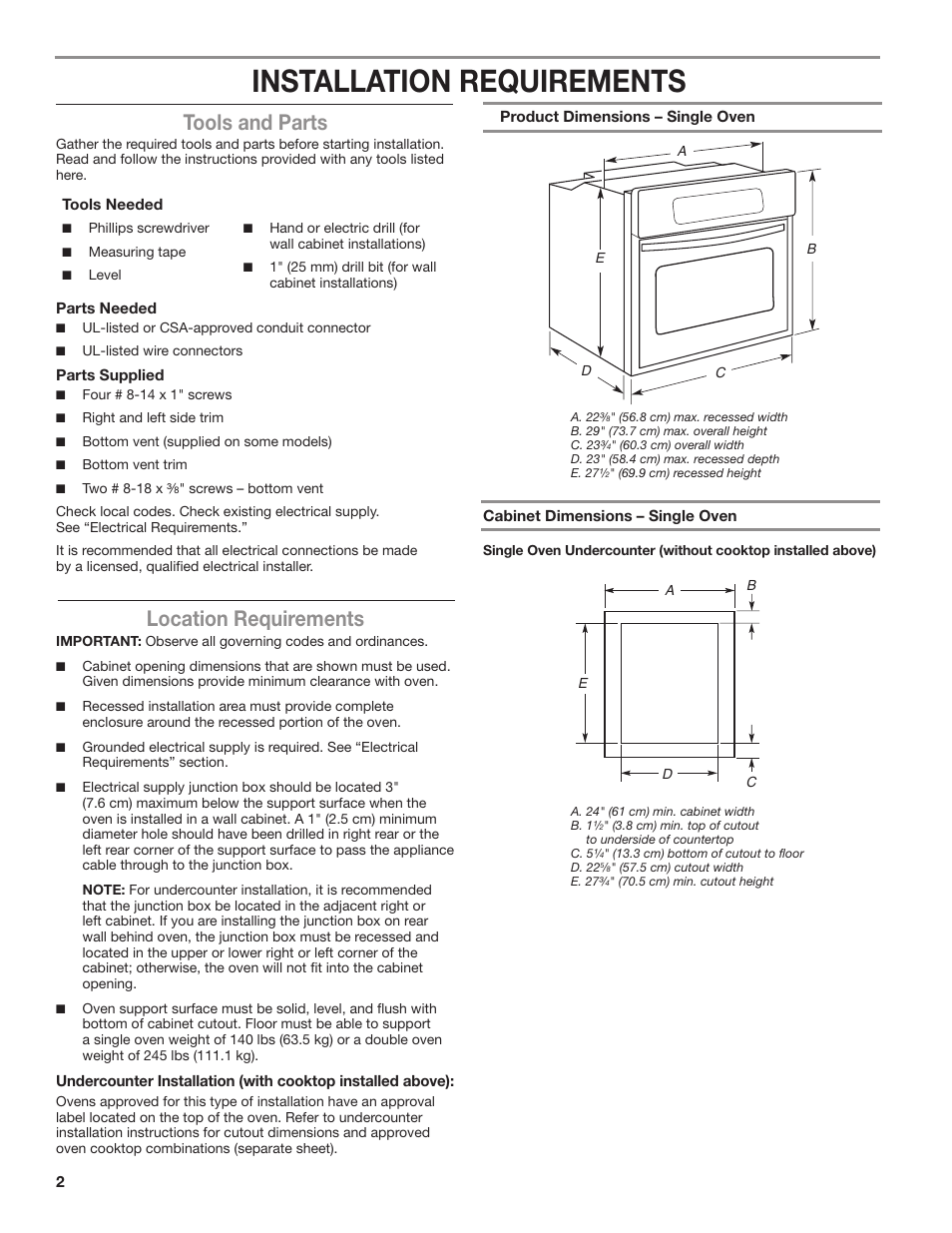 Installation requirements, Tools and parts, Location requirements | KITCHENAID 24 Inch Single Convection Electric Wall Oven Installation Instructions User Manual | Page 2 / 16