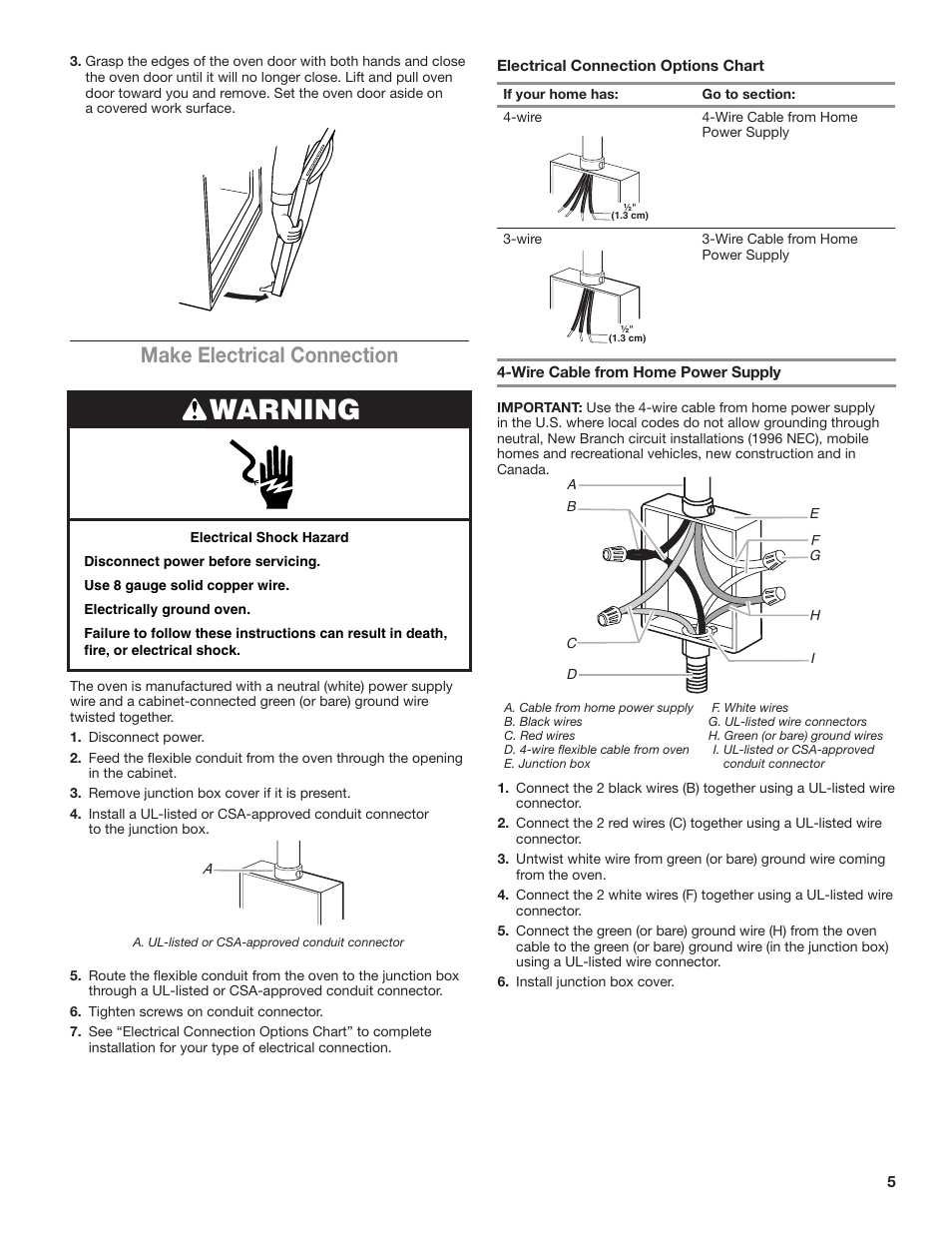 Warning, Make electrical connection | KITCHENAID 24 Inch Single Convection Electric Wall Oven Installation Instructions User Manual | Page 5 / 16