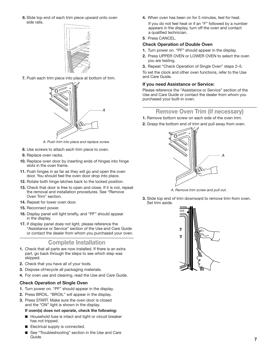Remove oven trim (if necessary), Complete installation | KITCHENAID 24 Inch Single Convection Electric Wall Oven Installation Instructions User Manual | Page 7 / 16